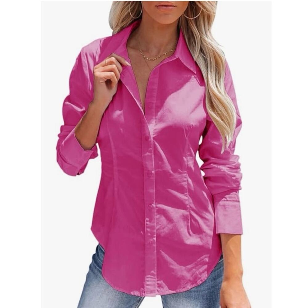 New SILITEELON Button Down Dress Work Shirt Hot Pink Long Sleeve Womens SIZE 2XL